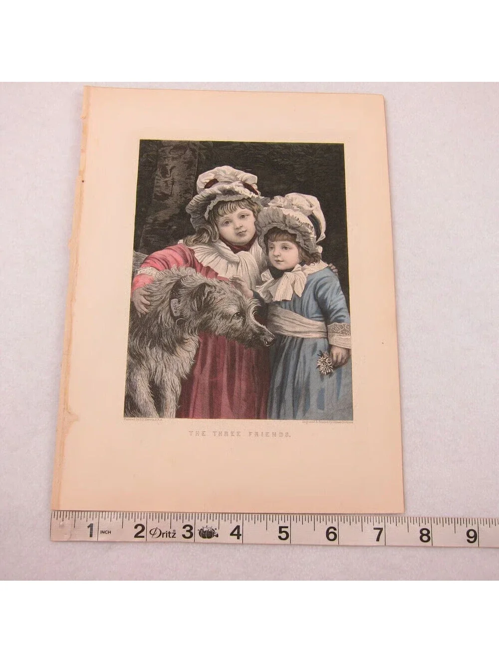 Antique 1800s Victorian Engraving Print Little Girls & Dog Three Friends Colored